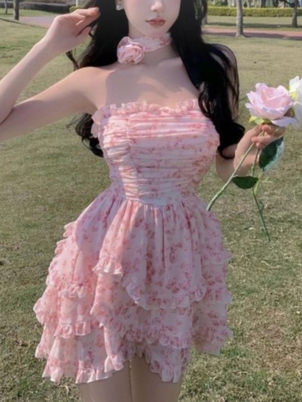 YesStyle Pink Floral Ruffle Dress with Flower Choker